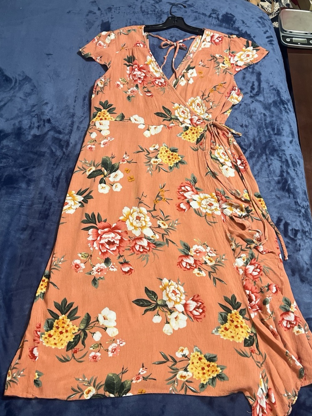 Xhilaration Peach Floral Faux Wrap Maxi Dress Flutter Sleeve Boho XXL